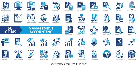 Conjunto de colecciones de icono de contabilidad de gestión. Conteniendo economía, negocio, financiero, gestión, análisis, rendimiento, icono de estrategia. Simple Ilustración vectorial plana.