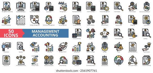 Management accounting icon collection set. Containing economy, business, financial, management, analysis, performance, strategy icon. Simple flat outline vector illustration