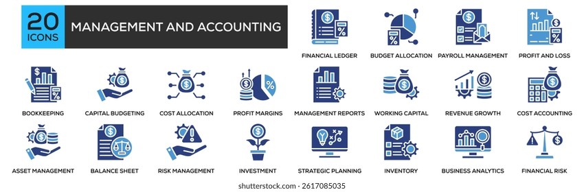 Management and accounting icon collection set. Containing design Financial Ledger, Budget Allocation, Payroll Management, Profit and Loss Statement, Bookkeeping