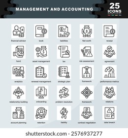 Management and Accounting icon set containing accountant, financial advisor, book, liabilities, receipt, agreement, tax, Patch, risk assessment, framework icon. Simple line vector