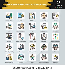 Management and Accounting icon set containing accountant, financial advisor, book, liabilities, receipt, agreement, tax, Patch, risk assessment, framework icon. Simple flat line vector