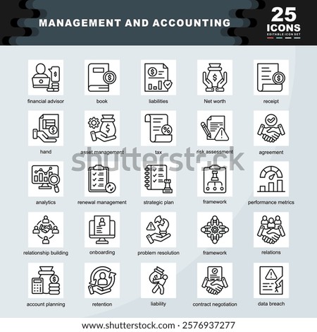 Management and Accounting icon set containing accountant, financial advisor, book, liabilities, receipt, agreement, tax, Patch, risk assessment, framework icon. Simple line vector