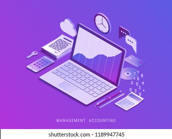 Management Accounting. Workplace And Tools For Manager. Modern Vector Isometric Illustration.