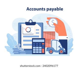 Management of accounts payable process. Clipboard checklist, calculator, and warehouse scene depicting delivery and payment coordination. Financial obligations tracking. Flat vector illustration.