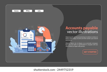 Gestión del proceso de Cuentas por pagar. Lista de comprobación de Portapapeles, calculadora y almacén que describe la coordinación de entrega y pago. Seguimiento de obligaciones financieras. Ilustración vectorial plana.
