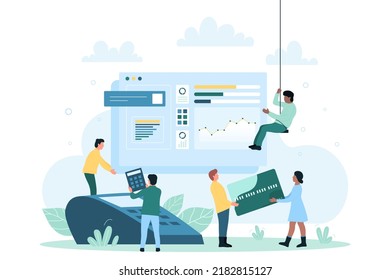 Management, analysis and development of financial investments, currency market. Cartoon tiny business people hold credit card and calculator, use POS terminal flat vector illustration. Economy concept