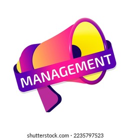 Management banner label, badge icon with megaphone. Flat design