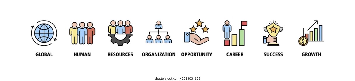 Ícone web do banner do gerenciamento define o conceito da ilustração do vetor com o ícone de global, recursos humanos, organização, oportunidade, carreira, sucesso e crescimento ícones símbolo infográficos fundo