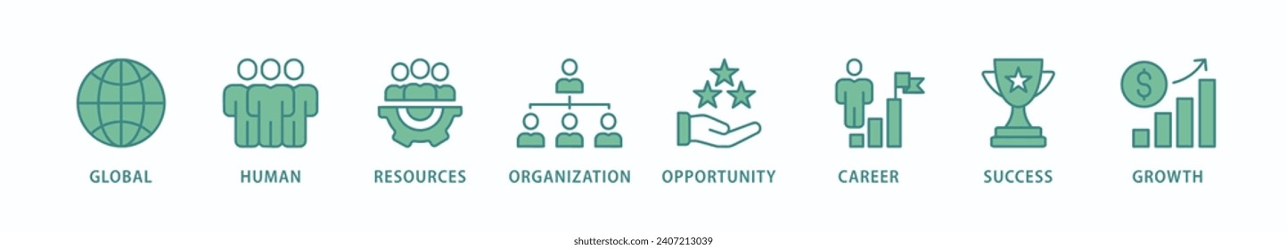 Pancarta de gestión icono de la web concepto de ilustración vectorial con icono mundial, recursos humanos, organización, oportunidad, carrera, éxito y crecimiento