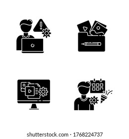 Management black glyph icons set on white space. Crisis management. Visual portfolio. Multimedia gallery. Content manager. Threat analysis. Silhouette symbols. Vector isolated illustration