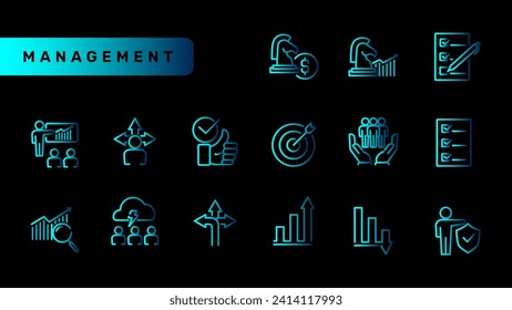 Colección de iconos de la línea de degradado azul de administración. Conjunto de pictogramas simples vectoriales en un fondo negro