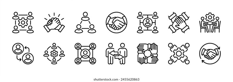 Management business collaboration thin line icon set. Containing teamwork, community, connection, cooperation, discussion, handshake, friendship, partnership, network. Vector illustration