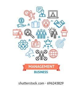 Management Business Color Round Design Template Line Icon Concept For web, flyer, adwertizing, sign teamwork. Vector illustration
