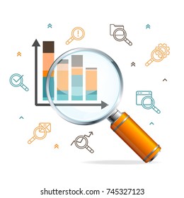 Management Business Concept with Realistic Detailed 3d Magnifier for Advertising, Promotion or Presentation. Vector illustration of Loupe Chart and Graph