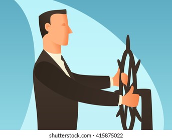 Management business conceptual illustration with businessman leading ship. Image for web sites, articles, magazines.