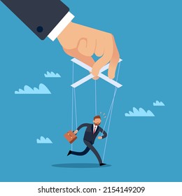 Management, business control. People manipulation. Huge hand little businessman on leash. Worker on ropes. Abuse of power. Symbol of domination. Vector cartoon flat isolated concept