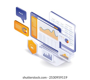 Ilustração isométrica da análise de dados de negócios de gerenciamento
