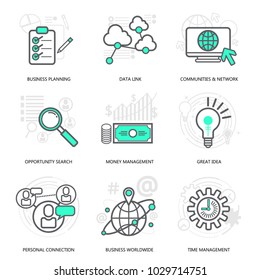 Management and business elements in thin line style. Icon for websites, banners, infographic illustrations. Simple linear pictograms collection. Vector illustration