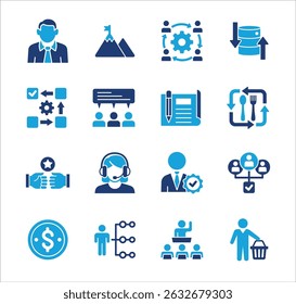 Management business icon set. Contains symbol of strategy, businessman, target, finance, lunchtime, success, hierarchy, data, reward, work, money, employee, shop, meeting, job. Vector illustration