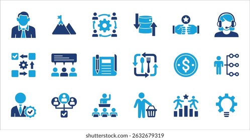 Management and business icon set. Contains symbol of businessman, target, finance, lunchtime, success, hierarchy, data, reward, work, money, employee, task, shop, meeting, job. Vector illustration