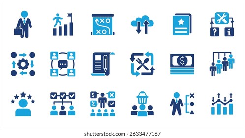 Management and business icon set. Contains symbol of businessman, target, finance, lunchtime, success, hierarchy, data, reward, work, money, employee, task, shop, meeting, job. Vector illustration