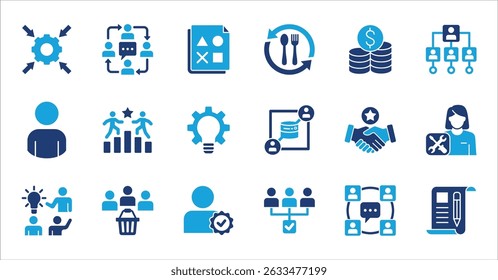 Management and business icon set. Contains symbol of businessman, target, finance, lunchtime, success, hierarchy, data, reward, work, money, employee, task, shop, meeting, job. Vector illustration