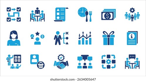 Management and business icon set. Contains symbol of businessman, target, finance, lunchtime, success, hierarchy, data, reward, work, money, employee, task, shop, meeting, job. Vector illustration