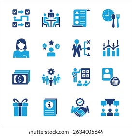 Management business icon set. Contains symbol of strategy, businessman, target, finance, lunchtime, success, hierarchy, data, reward, work, money, employee, shop, meeting, job. Vector illustration