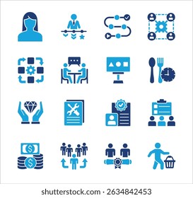 Management business icon set. Contains symbol of strategy, businessman, target, finance, lunchtime, success, hierarchy, data, reward, work, money, employee, shop, meeting, job. Vector illustration