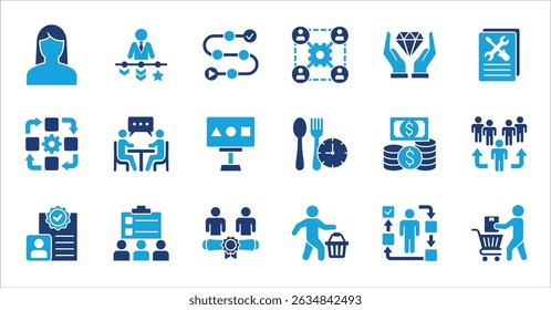 Management and business icon set. Contains symbol of businessman, target, finance, lunchtime, success, hierarchy, data, reward, work, money, employee, task, shop, meeting, job. Vector illustration