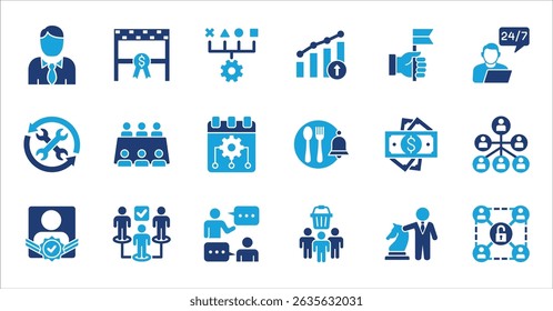 Management and business icon set. Contains symbol of businessman, target, finance, lunchtime, success, hierarchy, data, reward, work, money, employee, task, shop, meeting, job. Vector illustration