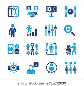 Management business icon set. Contains symbol of strategy, businessman, target, finance, lunchtime, success, hierarchy, data, reward, work, money, employee, shop, meeting, job. Vector illustration