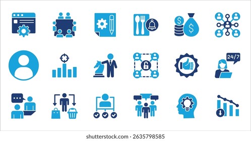 Management and business icon set. Contains symbol of businessman, target, finance, lunchtime, success, hierarchy, data, reward, work, money, employee, task, shop, meeting, job. Vector illustration