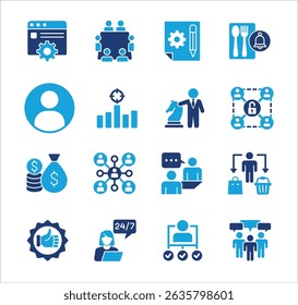 Management business icon set. Contains symbol of strategy, businessman, target, finance, lunchtime, success, hierarchy, data, reward, money, employee, task, shop, meeting, job. Vector illustration