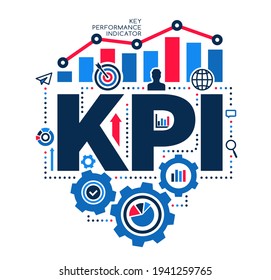 Management and business KPI idea. Key Performance Indicators vector layout with gears and business symbols diagram, target with arrow, magnifier, human profile and paper plane with tick and pie chart