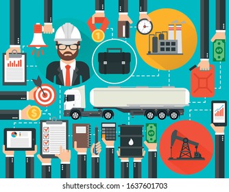 Management business oil flat with gasoline tanker car and businessman. Vector illustration