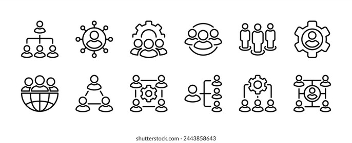 Management business organization thin line icons. Containing human resource group, structure hierarchy, teamwork, leadership, employee network, global connection or communication. vector illustration	