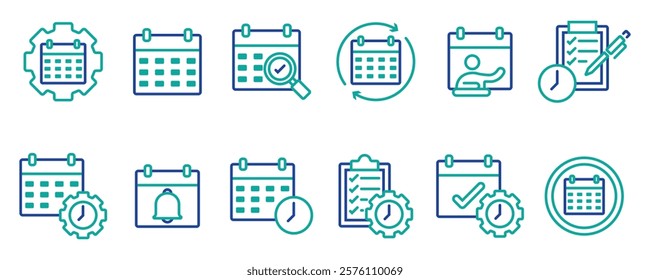 Management business schedule thin line icon set. Containing calendar, notification, planning, time reminder, checklist, date, agenda, deadline, diary event. Vector illustration