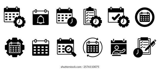 Management business schedule thin line icon set. Containing calendar, notification, planning, time reminder, checklist, date, agenda, deadline, diary event. Vector illustration