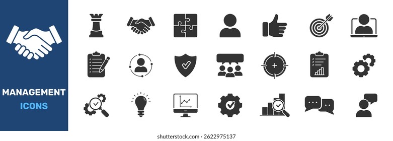 Management And Business Strategy Icon Set. Leadership, Teamwork, Project Planning Silhouette Symbol Collection. Includes Communication, Goal Setting, Performance. Isolated Vector Illustration.