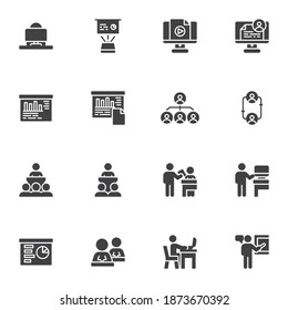 Management and business training vector icons set, modern solid symbol collection, filled style pictogram pack. Signs, logo illustration. Set includes icons as business presentation, human resource