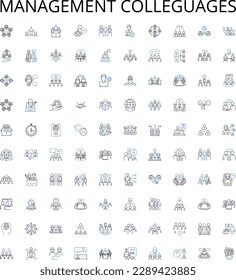 Management colleguages outline icons collection. Management, Colleges, Education, Institutions, Learning, Degrees, Programmes vector illustration set. Courses, Majors, Skills linear signs