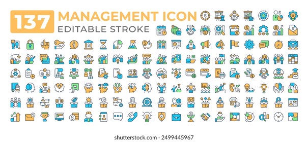 Management colorful icons big set. Performance business finance. Brainstorming team. Corporate strategy teamwork iconset color linear symbols. Vector isolated flat illustrations. Editable stroke