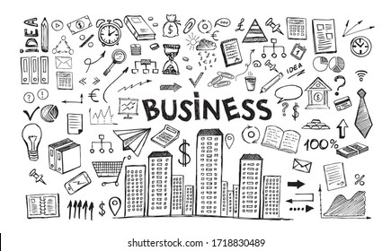Concepto de gestión con estilo de diseño Doodle. Dibujaron a mano símbolos de negocios.