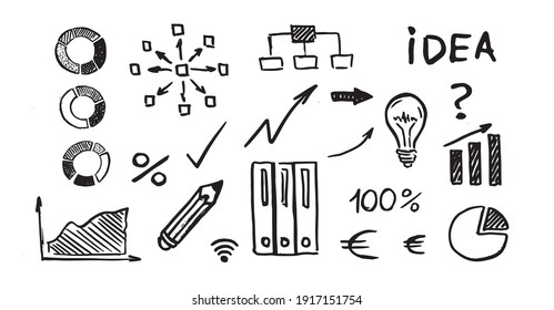 Management concept with Doodle design style. Diagrams icons set.  Hand drawn business symbols.	