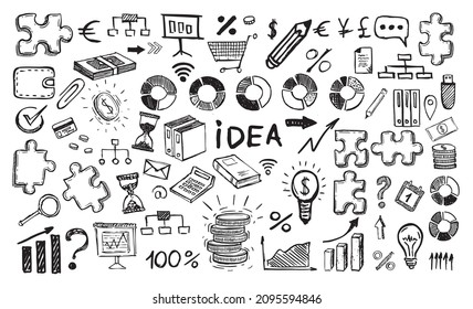 Management concept with Doodle design style. Hand drawn business symbols.	