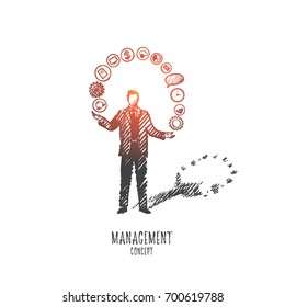 Management concept. Hand drawn team leader with a lot of tasks he should do. Male manager and his duties isolated vector illustration.