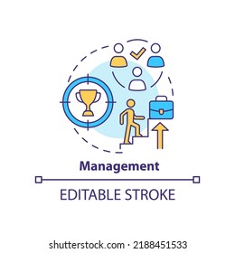 Management Concept Icon. Factor That Affect Workplace Culture Abstract Idea Thin Line Illustration. Career Growth Progress. Isolated Outline Drawing. Editable Stroke. Arial, Myriad Pro-Bold Fonts Used