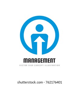 Management - concept logo template vector illustration. Abstract human character creative sign. People icon and arrow in circle shape. Graphic design element. 