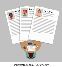 Management concept, searching staff, work, analyzing resume, documents paper. vector illustration in flat design.